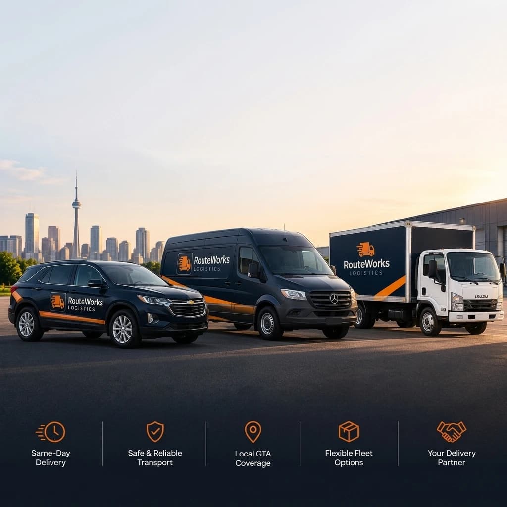 RouteWorks Logistics fleet — SUV, cargo van, and mini truck